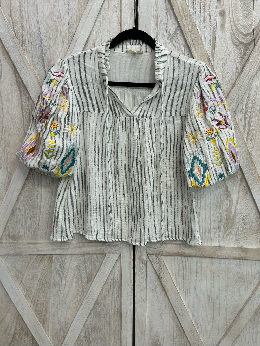 Mystree Striped Blouse with Colorful Embroidered Puff Sleeves